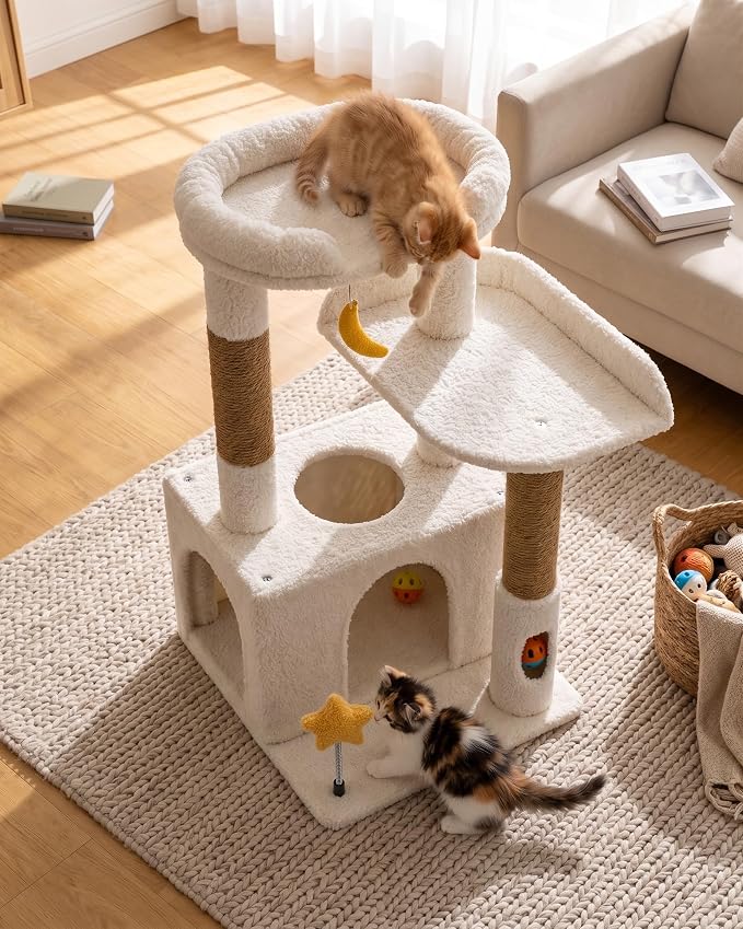 32In Cute Cat Tower for Indoor Cats with Cat Condo, Plush Platform, Hammock, Sisal Scratching Posts, Dangling Ball, Tall Cat Tree Tower with Self-Grooming Brush (Beige)