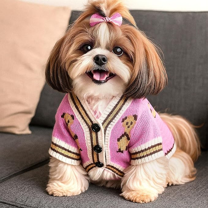 ABRRLO Small Dog Sweaters Cute Bear Dog Cardigans Clothes for Small Medium Dogs Boy Girl Puppy Cat Knitting Cardigan Outfits Dogs Winter Coats Warm Pet Doggy Clothes Soft Knitwear (Pink, X-Small)