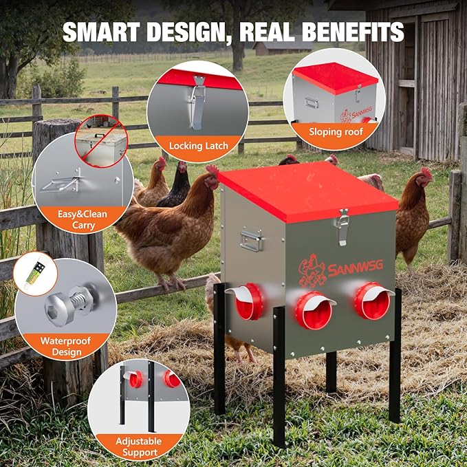 Chicken Feeders,30 lb Capacity 6 Port Automatic Chicken Feeder, Metal Chick Feeder with Locking Lid and Legs, Chicken Feeder for Chickens, Ducks, Geese