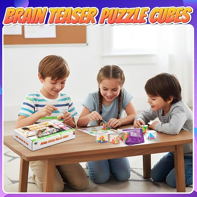 Brain Teaser Puzzle Cubes on Keychain (6 Pack) - Mini Maze Toys for Kids, Unique Party Favors, Goodie Bag Fillers, Treasure Box Classroom Rewards, Bulk Small Toys for Boys & Girls