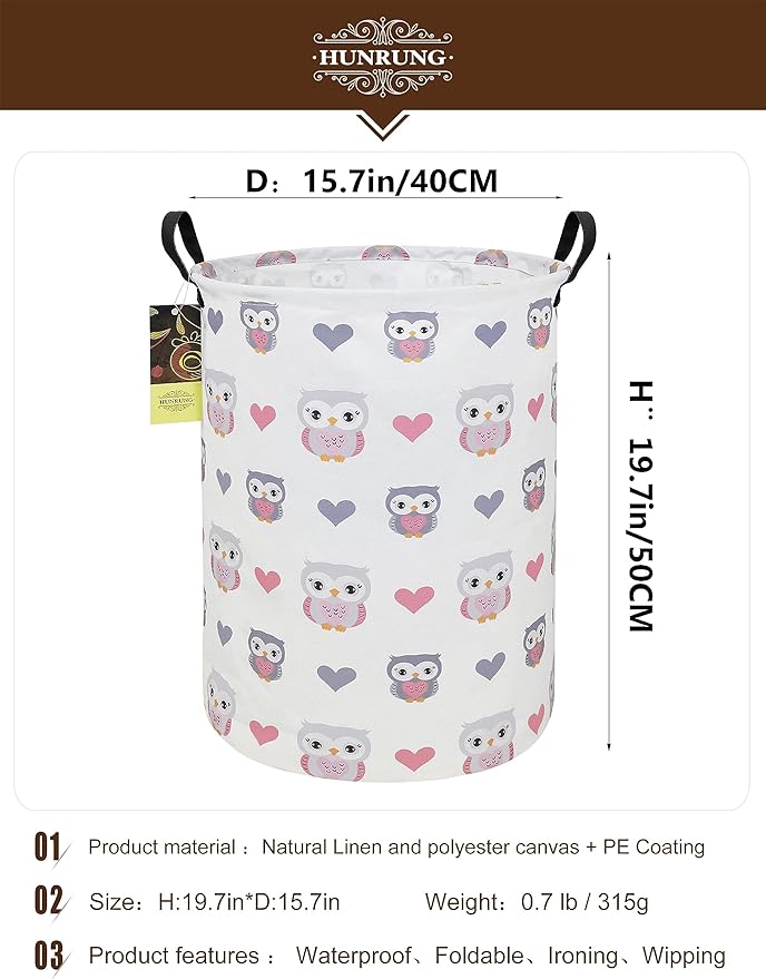 Collapsible Fabric Storage Basket, Waterproof Laundry Hamper with Handles, Round Storage Bin for Clothes Toys, Foldable Organizer for Bedroom Nursery Bathroom(Round-Love Owl)