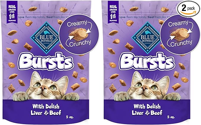 Blue Buffalo Bursts Crunchy & Creamy Cat Treats, Great for Training, Delish Liver & Beef, 5-oz Bag (Pack of 2)