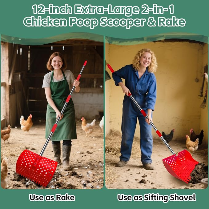 12" 2-in-1 Chicken Poop Scooper & Rake, 3-Shape Sifting Holes Chicken Coop Rake, Stainless Steel Handle (20–61") - Litter Scooper & Sand Sifting Shovel (U.S. Patent No. D1124534) - Red