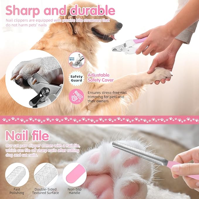 Aglads 6PCS Cat Rabbit Bunny Dog Grooming Kit,Self-Cleaning Slicker Brush,Fine-Tooth Comb, Pet Nail Clipper & File,Bathing Brush Glove,Microfiber Drying Towel,Storage Bag,Easy & Hassle-Free(6, pink)