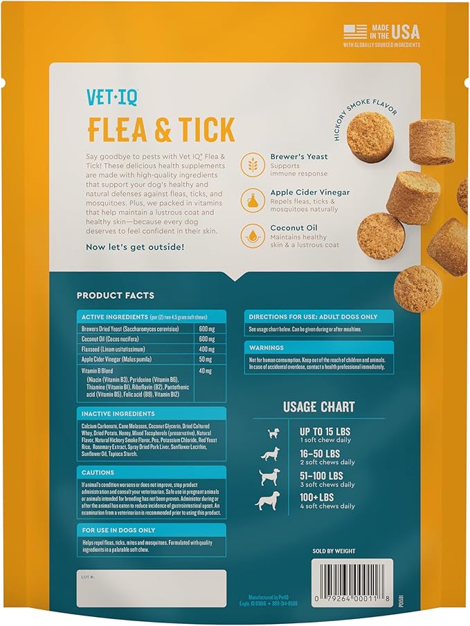 VetIQ Flea & Tick Support for Dogs, Flea and Tick Chewable, Supports Dog's Natural Flea Defenses, Free of Added Chemicals and Garlic, Hickory Smoke Flavor, 90 Count