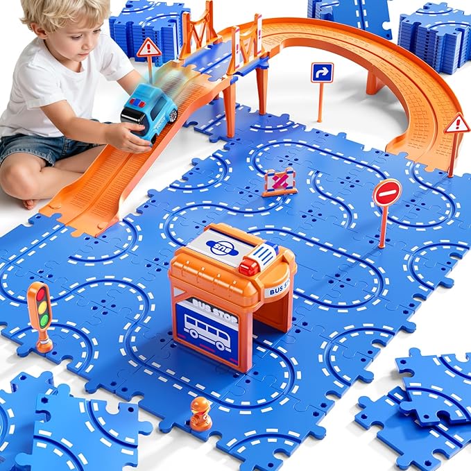 NIPLOOOW Puzzle Race Car Track Set for Kids 3-5, Floor Puzzle Track Car Set, Toddler Toys for 3 4 5 6 Years Old Boys, Toys Gift for Kids Boys Girls Age 3 4 5 6 7 8 Years Old