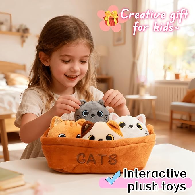 Plush Cat Toy Set, 5PCS Interactive Stuffed Cats with Basket, Cute Kawaii Kitten Plushies, Soft Animal Toys for Kids & Cat Lovers Gifts for Birthday, Home Decor, 7.87” Basket 4.3” Cat