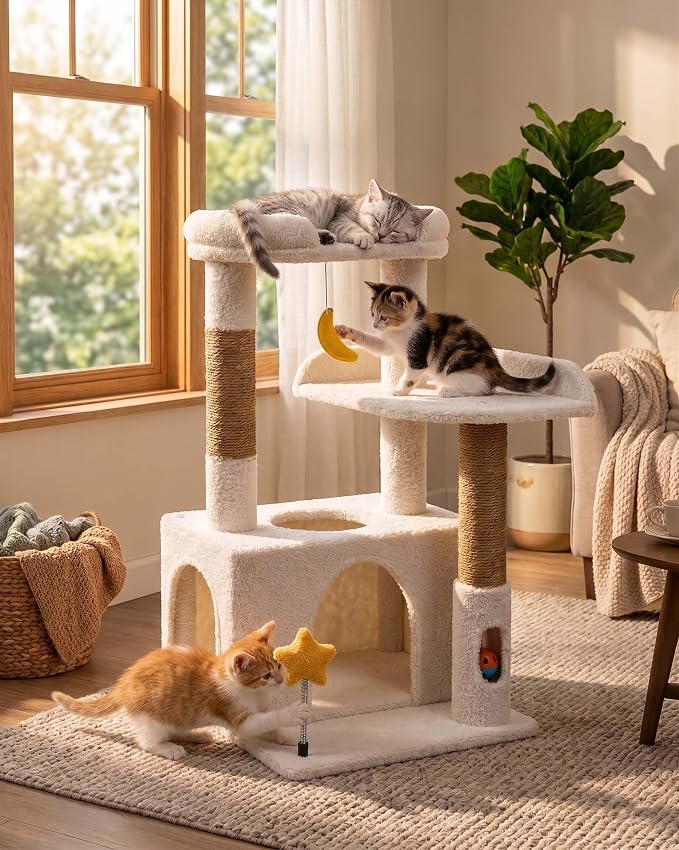 32In Cute Cat Tower for Indoor Cats with Cat Condo, Plush Platform, Hammock, Sisal Scratching Posts, Dangling Ball, Tall Cat Tree Tower with Self-Grooming Brush (Beige)