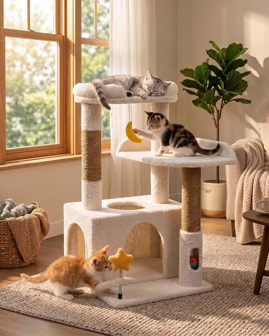 32In Cute Cat Tower for Indoor Cats with Cat Condo, Plush Platform, Hammock, Sisal Scratching Posts, Dangling Ball, Tall Cat Tree Tower with Self-Grooming Brush (Beige)