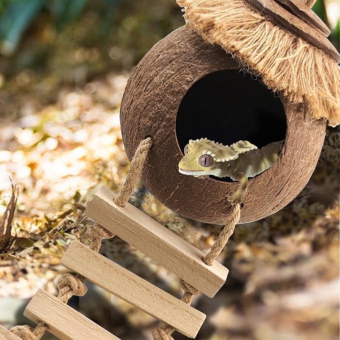 Gecko Coconut Hideout with Ladder,Reptile Hammock Plants Vines Jungle Terrarium Decor Tank Accessories for Crested Geckos,Leopard Geckos,Lizard,Snakes,Tree Frogs