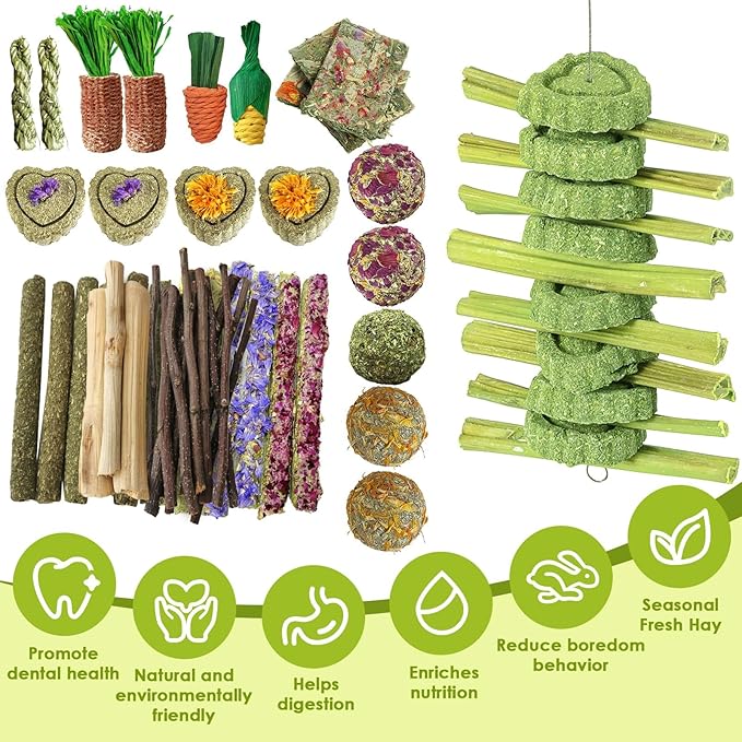 Bunny Chew Toys for Rabbits Teeth, Natural Rabbit Toys Apple Wood Sticks, Carrot, Timothy Grass Treats for Small Pets, Hamster, Chinchilla, Guinea Pig (51, Medium)