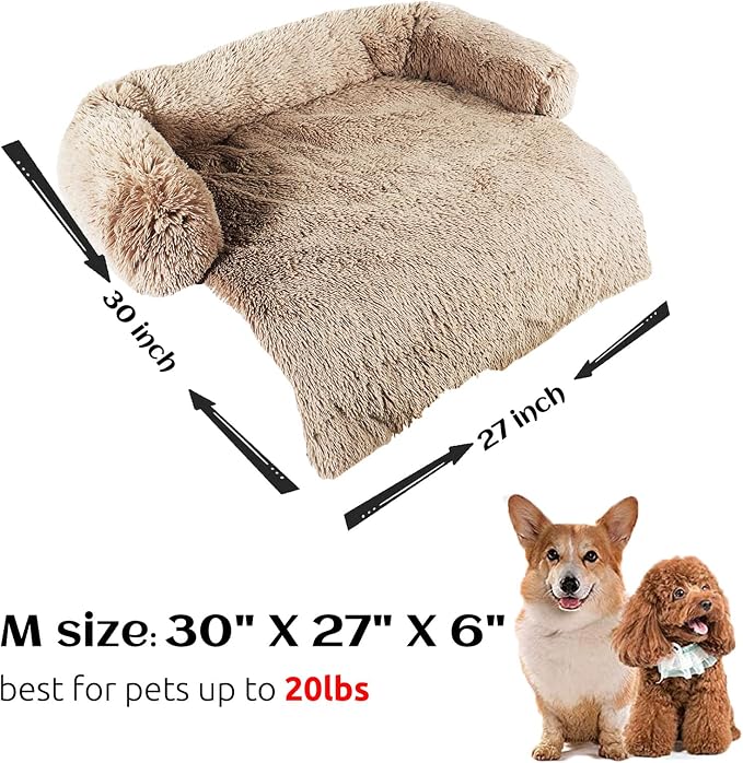 HACHIKITTY Calming Pet Sofa Bed Mat, Washable Fluffy Couch Cover for Dogs and Cats, Anti-Slip Bottom (30"x 27"x 6", Camel)