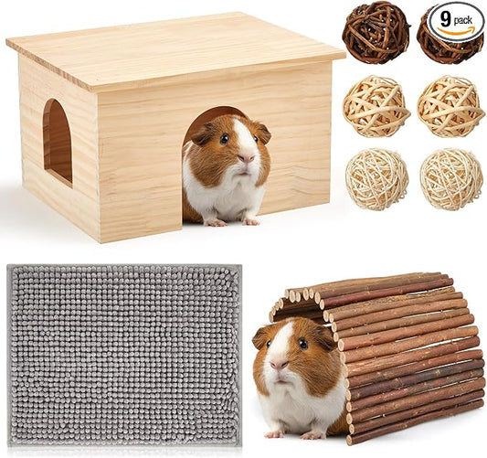9 Pcs Wood House Guinea Pigs Hut Hideout with Rolling Chew Toys for Small Animals Accessories, Toys, and Supplies Guinea Pig Liner Washable Cage Liner Guineapig Habitat Cage Accessories