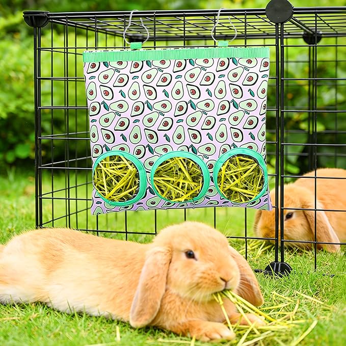 2 Pack Rabbits Hay Feeder for Guinea Pigs 2-Hole 3-Hole Hanging Feeder Bunny Rabbit Hay Bags for Hamsters Small Pets Accessories Holder Bags