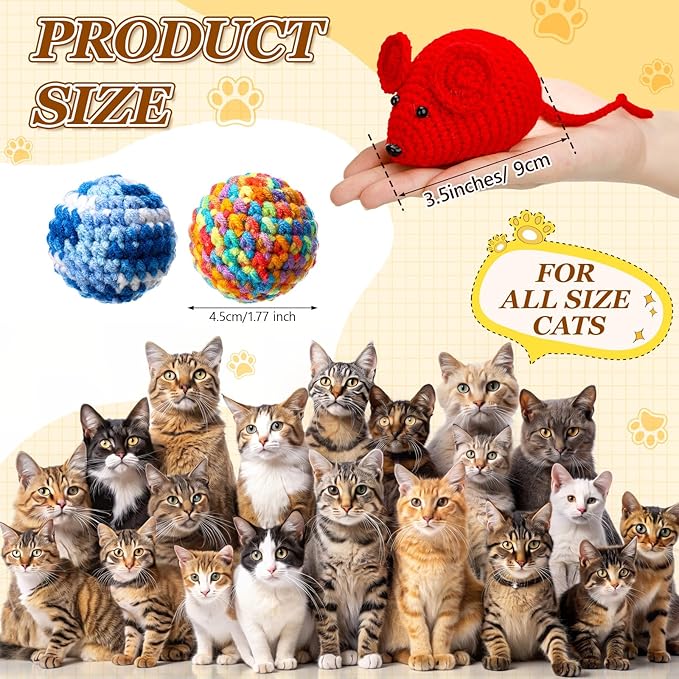 Shappy 16 Pcs Crochet Cat Toys Set, 8 Knitted Mice 8 Cat Ball Toys with Bell Inside, Yarn Mouse Animals for Medium Indoor Cats, Kitten Play Chew Accessories