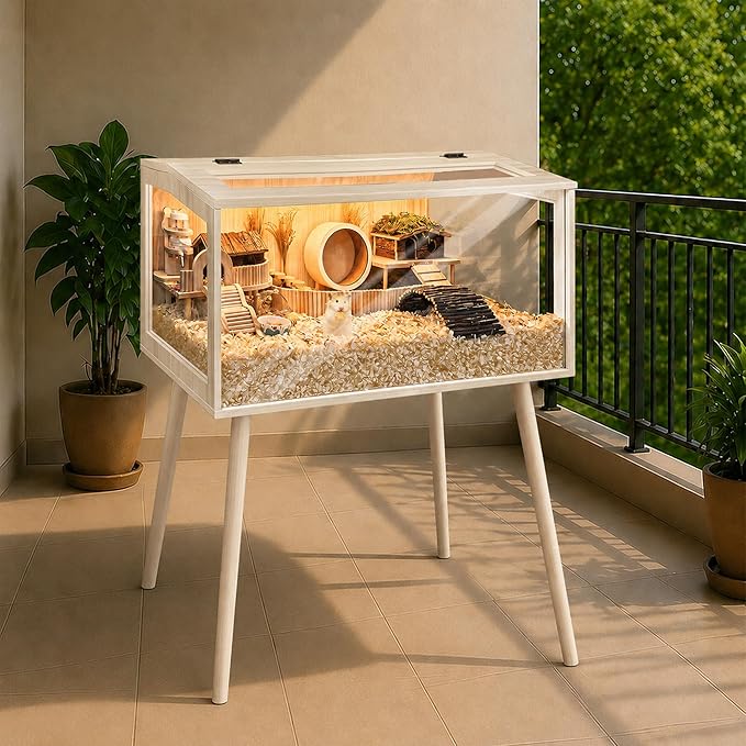 PROLEE Hamster Cage Wooden Chew Proof, Extra Large Mice and Rat Habitat Openable Top with Acrylic Sheets Solid Built Small Animal Cage with Leg Stands, 32 Inch Long