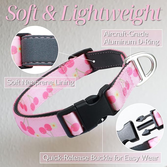 Girl Dog Collar, Pink Cute Cherry Print Reflective Padded Collar with Soft Neoprene, Adjustable Lightweight Pet Collar for Small Dogs, Puppies,Neck Size 9’’-14’’ (Cherry, S)
