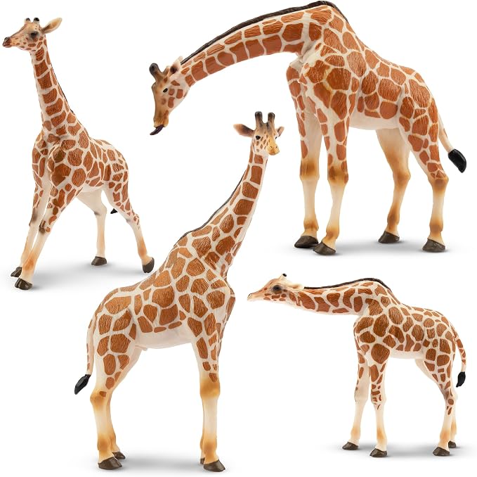 Giraffe Toy Figurines Set, 4PCS Realistic Wild Animals Figures with Giraffe Calf, Plastic Giraffe Cake Topper Birthday Gift Decor for Kids & Toddlers Ages 3+