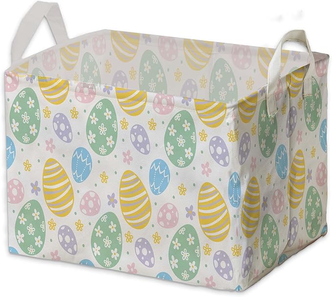 Eggs Rabbit Easter Basket, Colorful Eggs Baby Gift Basket, Empty Toy Nursery Bin, Large Square Canvas Laundry Hamper With a Waterproof PE Coating, Foldable Girls Toy Clothes Bins for Bedroom