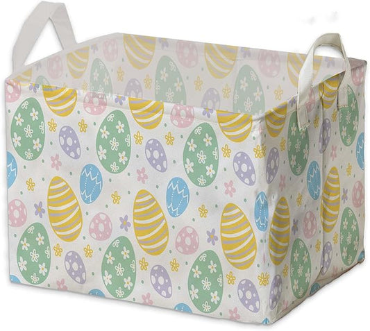 Eggs Rabbit Easter Basket, Colorful Eggs Baby Gift Basket, Empty Toy Nursery Bin, Large Square Canvas Laundry Hamper With a Waterproof PE Coating, Foldable Girls Toy Clothes Bins for Bedroom