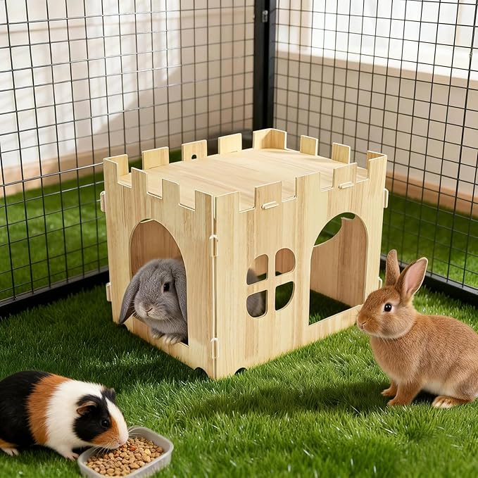 WUWEOT Large Wooden Rabbit House, 15.3''x11.3''x11.8'' Wood Bunny Hideout Castle, Small Animal Play Hideaway Hut and Playhouse for Indoor Adult Bunnies Guinea Pig Hamster Chinchilla Gerbil