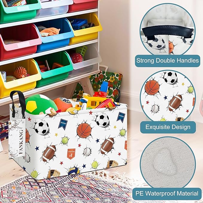 Storage Bins,Nursery Hamper Canvas Laundry Basket Foldable with Waterproof PE Coating Storage Baskets for Boys and Girls, Office, Bedroom, Clothes,Toys(Rec-3D Sports Balls ）