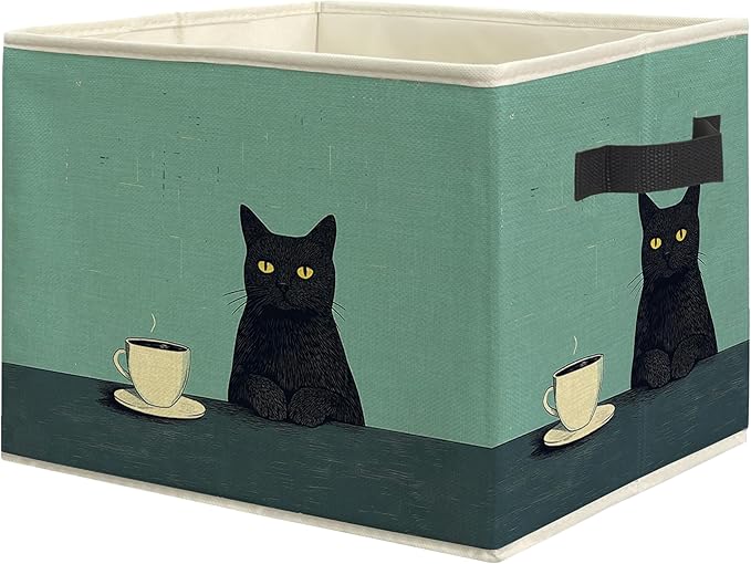 Funny Black Cat Drink Coffee Storage Bin Box, Cat Lover Mom Lady Grandma Gifts Collapsible Storage Basket Organizer for Bedroom Bathroom Home Clothes Toys Books, Toybox for Girls
