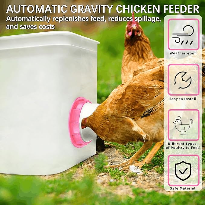 Chicken Feeder Port, 12 Pack Chicken Feeders No Waste with 12 Lids 1 Drill Bit, DIY Automatic Poultry Feeder Cups Kit, Chicken Bucket Feeder for Barrels (Pink)