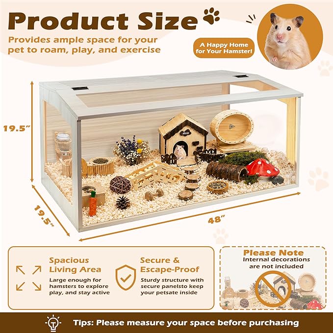 PROLEE Hamster Cage with Chewproof Wood Top, Guinea Pig Cages, Hamster Habitat with Clear Acrylic Sheets Solid Built, Small Animal Cage (Oak, 48X19.5X19.5 inch)