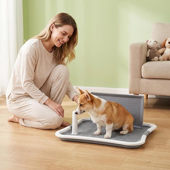 Dog Pee Pad Holder, Indoor Dog Potty Tray with Splash Guard & Center Post, Potty for Small Dogs, Waterproof and Easy to Disassembly and Cleaning Dog Toilet, 23.62"X19.69" (White)