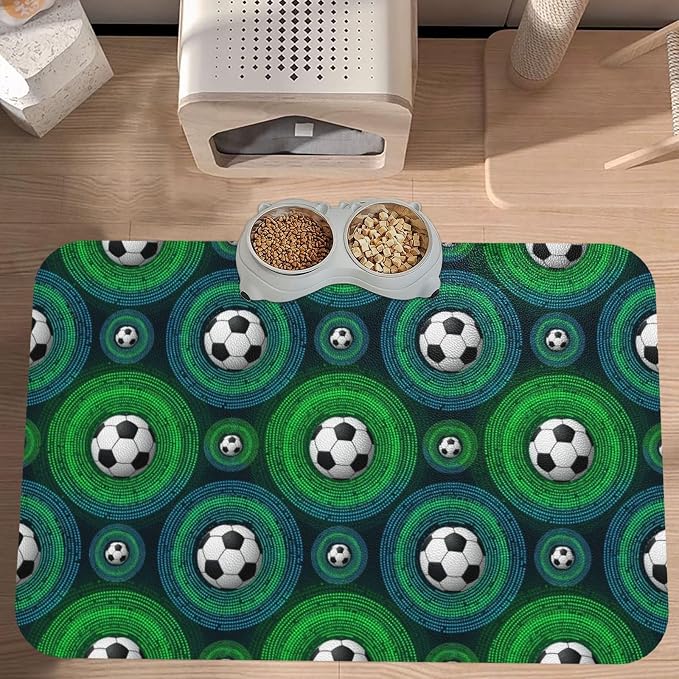 Dog Cat Food Mat with Rubber Backing Dog Placemat Water Bowl Mat Cool Soccer Football Black Pet Accessories Supplies