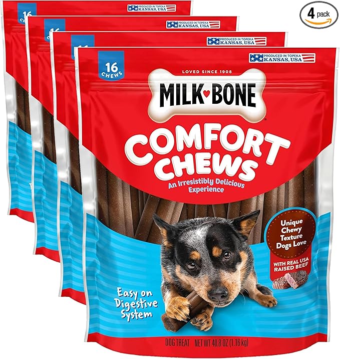 Milk-Bone Comfort Chews, Dog Chew with Unique Chewy Texture and Real Beef, 40.8 Oz. Bag (16 Chews), (Pack of 4)