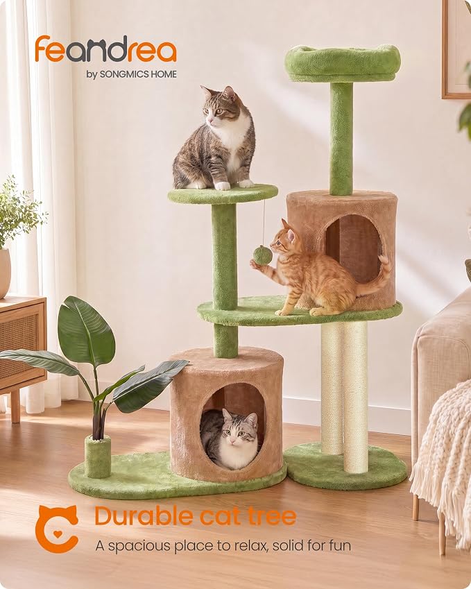 Feandrea Cat Tree, 42.9 Inches Tall Cat Tower, Multi-Level Plush Condo with Artificial Leaves, Scratching Posts, Grass Green and Camel Brown UPCT011C101S