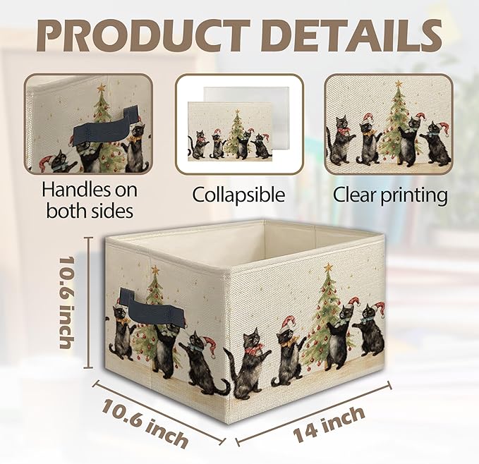Black Cat Christmas Tree Foldable Storage Bins Box with Handles, Black Cat Mom Lovers Gifts for Women, Christmas Kitten Collapsible Toys Books Clothes Organizer Basket for Bedroom Bathroom