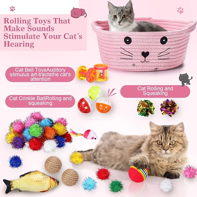 Zopeal 58 Pcs Mother’s Day Cat Storage Basket Gift Toys Set, Colorful Flashing Balls Pet Bell Crinkle Balls Spring Toys Attract Cat to Swat, Hunt, Interactive for Pet(Pink,9.8 Inch)