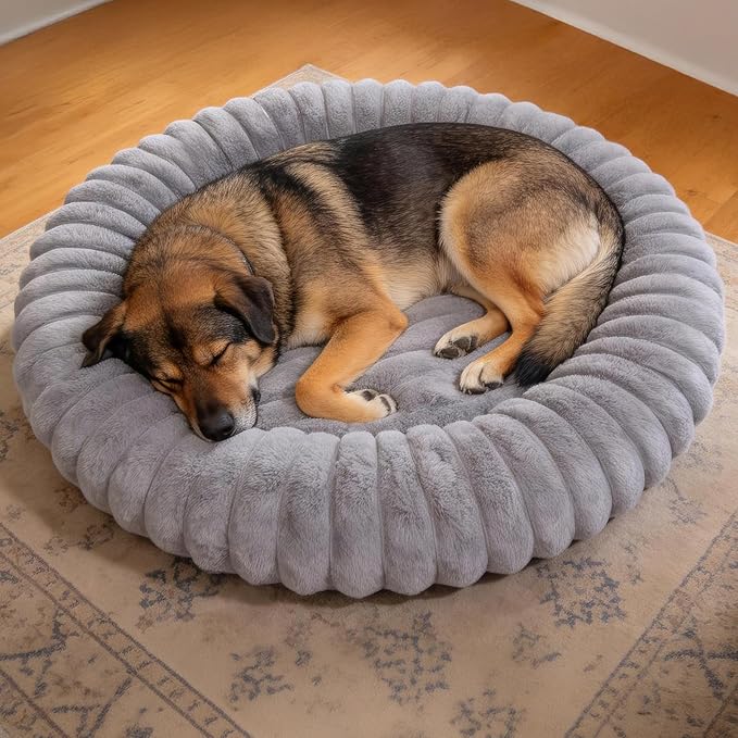 Donut Dog and Cat Bed, Luxurious Comfortable Faux Rabbit Fur Pet Beds, Round Anti-Anxiety Calming Puppy Kitten Bed with Anti-Slip Bottom for Small Medium Dogs & Cats(34", Brown)