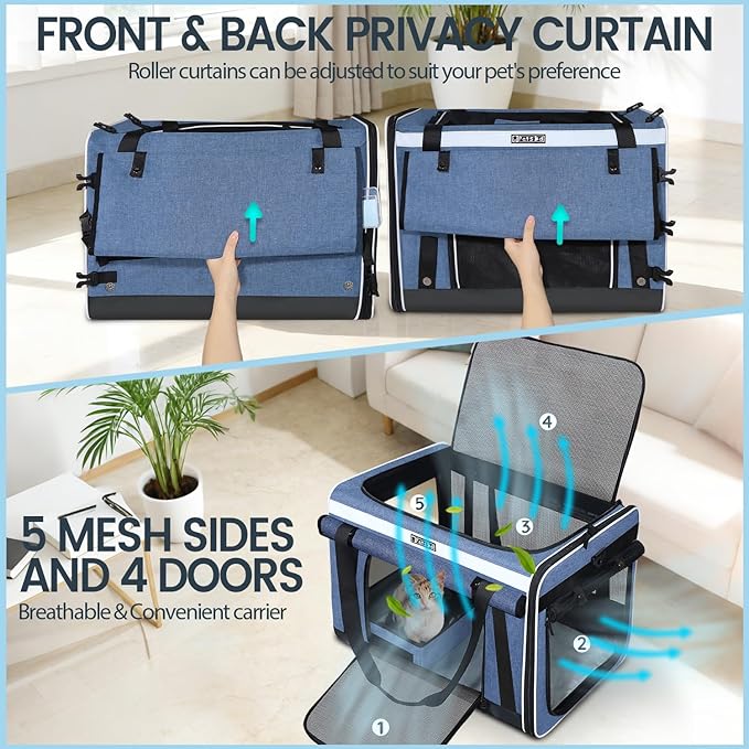 Petskd Double Extra Large Cat Carrier with Litter Box and Privacy Curtain, 48"x17"x17" Soft Cat Car Travel Carrier with Locking Zippers for Multiple Cats Long Distance Trip(Blue)
