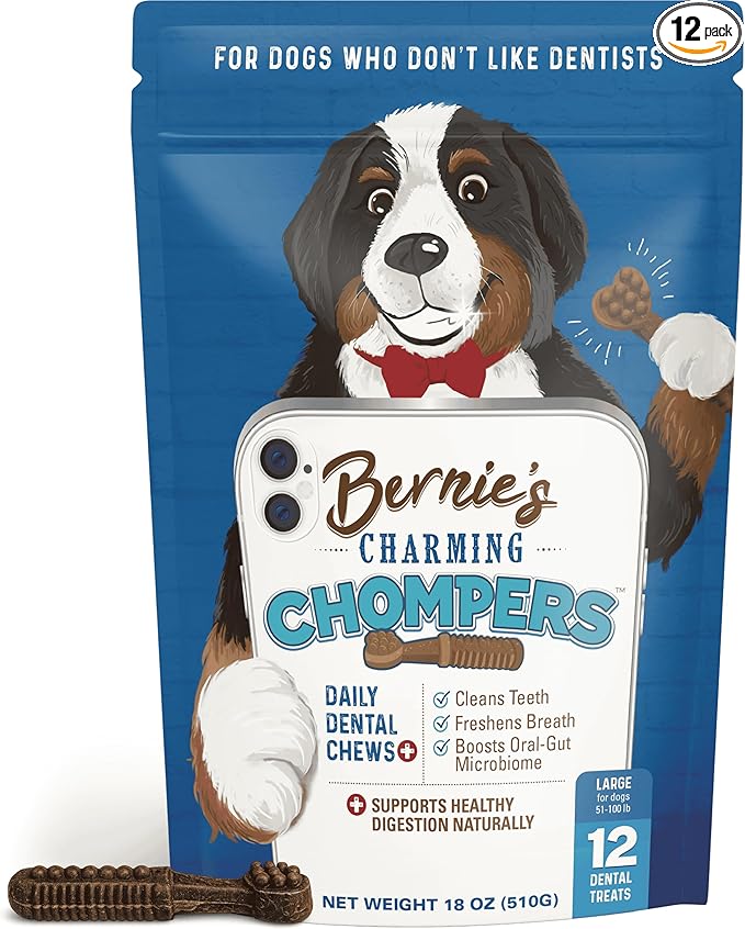 Bernie's Charming Chompers - Daily Dental Chews for Dogs 50-100 Lbs. - 12 Count - Cleans Teeth, Freshens Breath, + Boosts Oral-Gut Microbiome. Easy to Digest, Supports Healthy Digestion Naturally