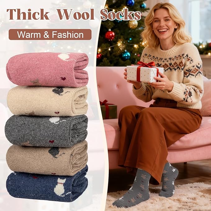 Justay 5 Pairs Womens Wool Socks Thick Warm Winter Socks Casual Cozy Socks Vintage Knit Crew Socks Gift for Women