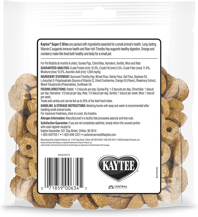 Kaytee Super C Bites Treat for Pet Guinea Pigs, Adult Rabbits, Chinchillas, and Other Small Animals, Cranberry and Orange, 4 oz (6 Pack)