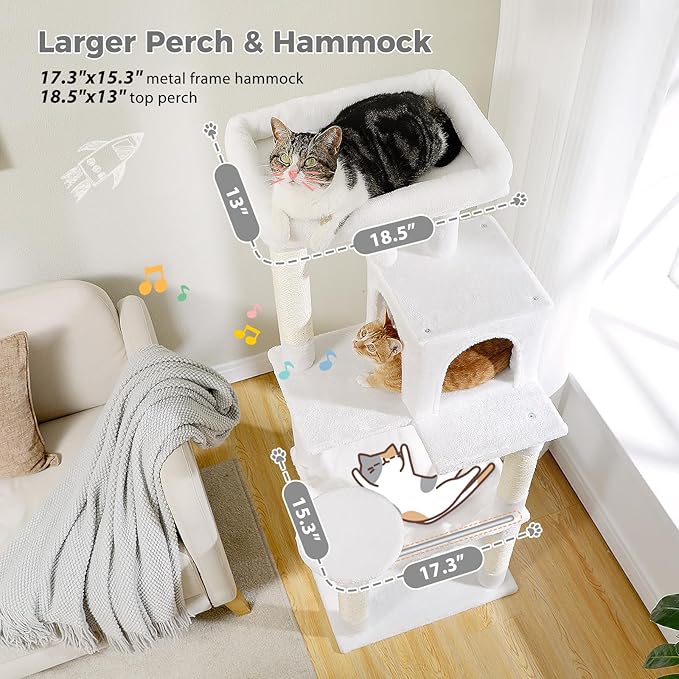 PETEPELA 56.3'' Tall Cat Tree for Indoor Large Cats, Multi-Level Cat Tower with Super Large Hammock (20''X16''), Sisal Covered Scratching Posts, Cozy Condo and Top Perch,White