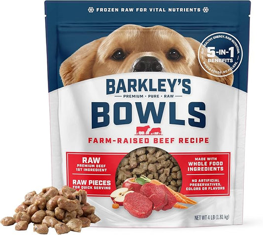 Barkley’s Bowls, Frozen Raw Beef Dog Food, Fresh Whole Food Ingredients w/Farm-Raised Beef, Grain Free, Dog Food Toppers, Human Grade Ingredients, for All Dog Breeds, Ages, & Sizes, 4 lb Bag (1 Pack)