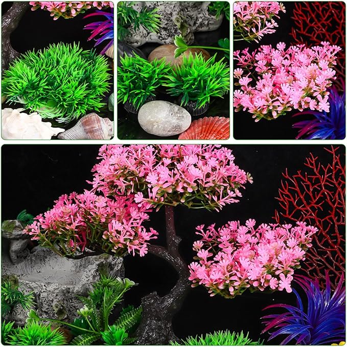 Aquarium Decor Artificial Plants Tree Set: 11.4 Inch Plastic Plants for 10-50 Gallon Fish Tank Decoration Pink Simulation Aquarium Tree Betta Fish Bowl Ornaments Home Office Decor