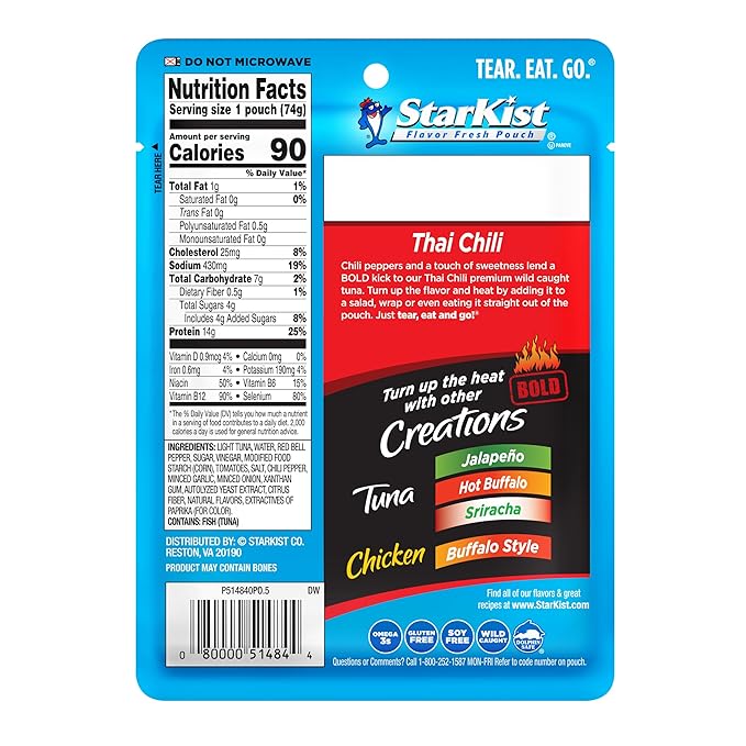 StarKist Tuna Creations BOLD Thai Chili Style Pouch (2.6 oz - 24 Pack) Wild Caught, High Protein Shelf Stable Seafood, Gluten Free, Soy Free, No Draining, Ready to Eat for Salads and Sandwiches