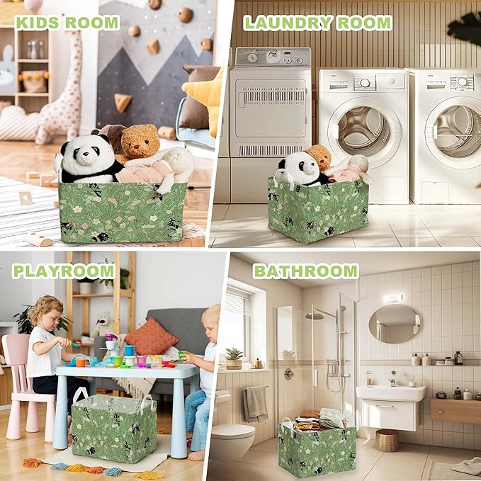 Black Cat Flower Green Storage Basket, Cats Gift Hamper for Pet Owners, Black Cat Bathroom Decor,Bin for Pet Lovers, Organizer Baskets for Bedroom, Large Squarecanvas Laundry Hamper With Foldable