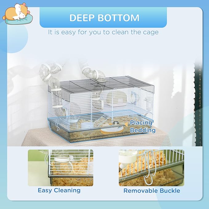 PawHut Hamster Cage, 2 Levels Gerbil Cage, Small Animal Cage for Dwarf Hamster with Tubes and Tunnels, Exercise Wheel, Food Dish, Water Bottle, Ramp, 23" x 13" x 12", Gray