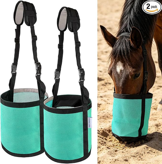 Horse Feed Bags for Grain, Breathable Muzzle Feed Bags for Horses, Universal Mesh Feedbag for Feeding Grain, Anti-Spill Design Feeder, Durable Nose Bag with Solid Bottom (Mint)