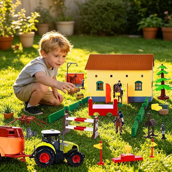 Horse Club Riding Arena, Horse Stable Playset,Tractor with Trailer, Equestrian Washing Area,Riders Figures,Horse Figurine, Obstacle Accessory Set - Barn Toys for 3-7 Years Old Kids Boys Girls Toddlers