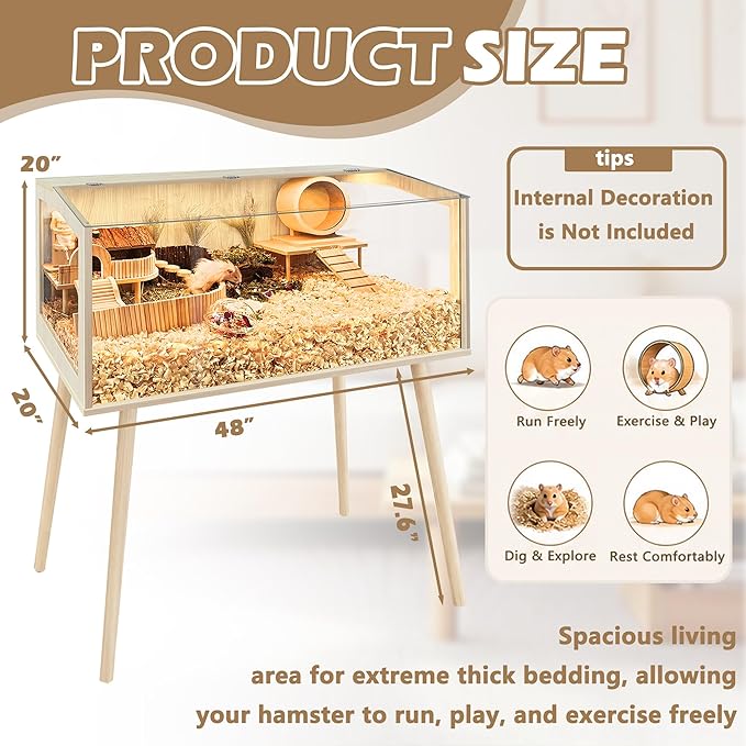PROLEE Hamster Cage with Legs, Guinea Pig Cages Chew Proof, Hamster House, Hamster Cages and Habitats, Small Animal Cage, 48" L x 20" W x 47.5" H