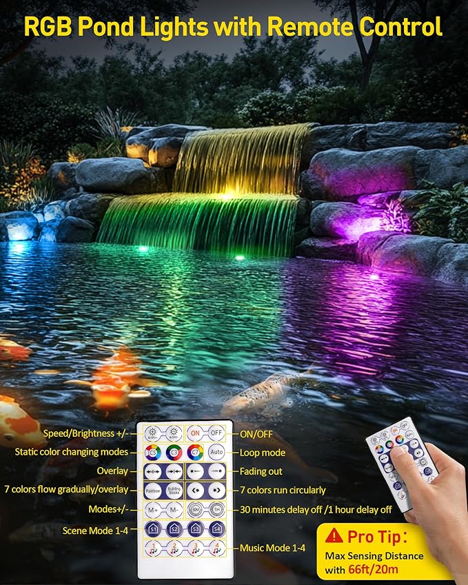 T-SUN Underwater LED Pond Lights – IP68 Waterproof Submersible Fountain Lights with Bluetooth App & Remote, 16 Million Colors Underwater Lighting for Koi Ponds/Garden Water Features Aquarium (10-Pack)